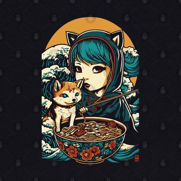 Girl with a Shiba Inu dog friend eats and loves ramen by tatadonets